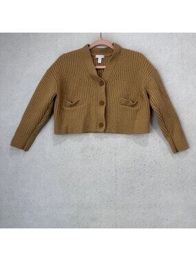 Beyond Yoga Cardigan Sweater Womens XS Brown V Neck Cropped Rib Knit Pockets